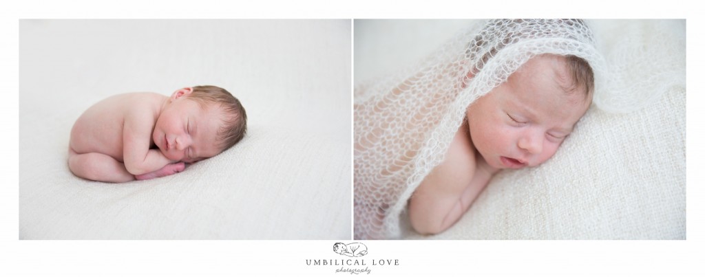 Baby lying on white cloth curled up
