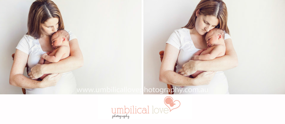 mother sitting on a wooden chair holding her newborn and giving him a kiss