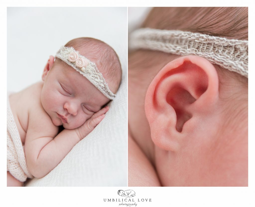 close up of newborn baby sleeping with headband on and close up of her ear
