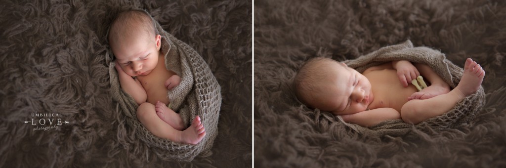 newborn baby boy wrapped in a nest of blankets