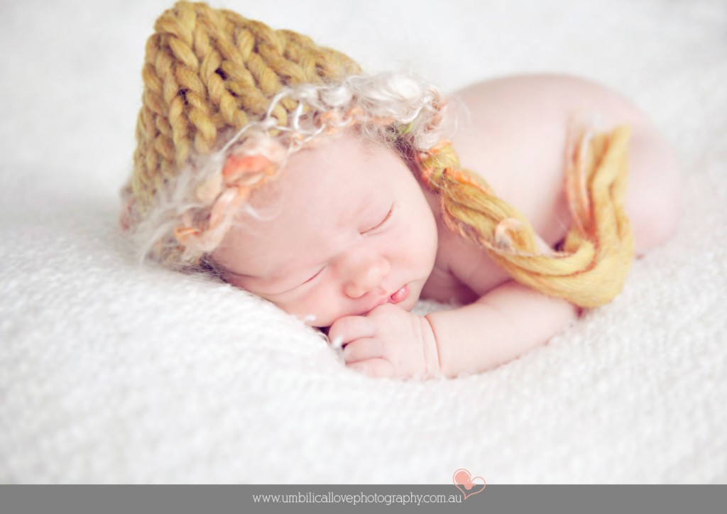 Deception Bay Newborn Photographer Sunshine Coast & Brisbane baby sleeping with the most gorgeous knitted hat