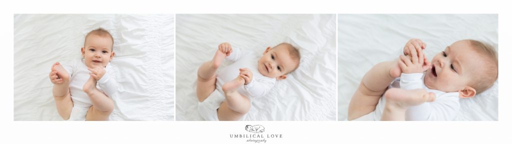 baby boy lying back on donna with feet in the air