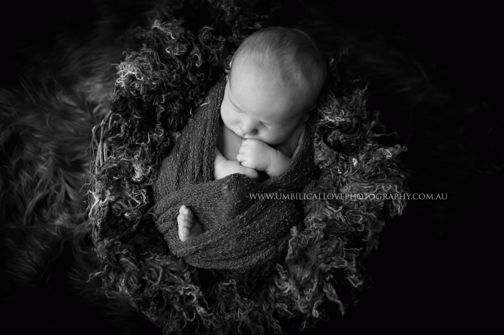 newborn baby swaddled tight lying on fur in a basket