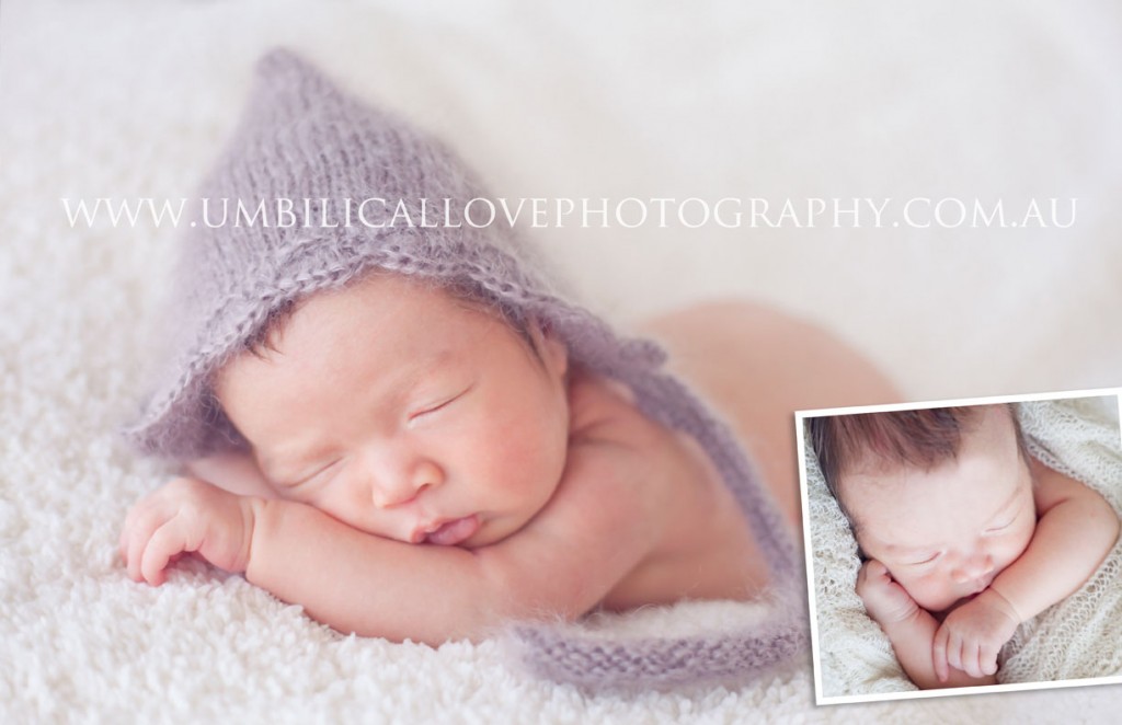 Palmwoods-Baby-&-Newborn-Photography newborn baby photo in natural light studio, baby wrapped up and with fine knitted beanie on