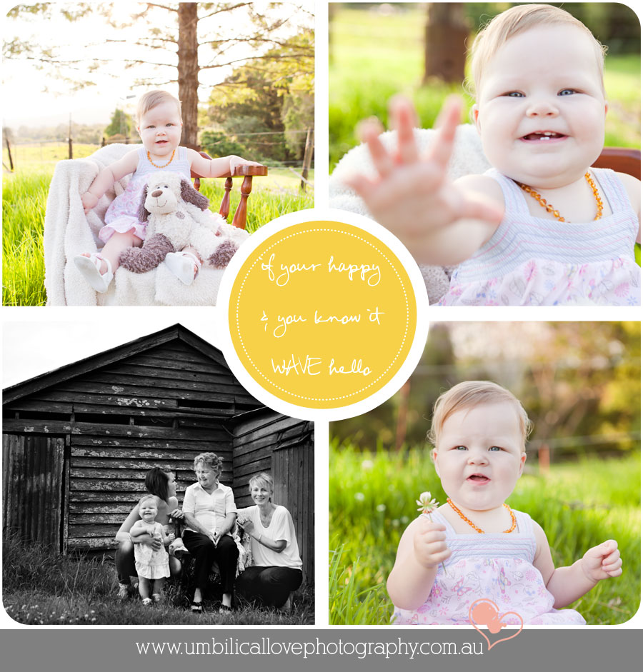 12 month old baby girl sitting on a wooden chair in a gorgeous green yard smiling for the camera