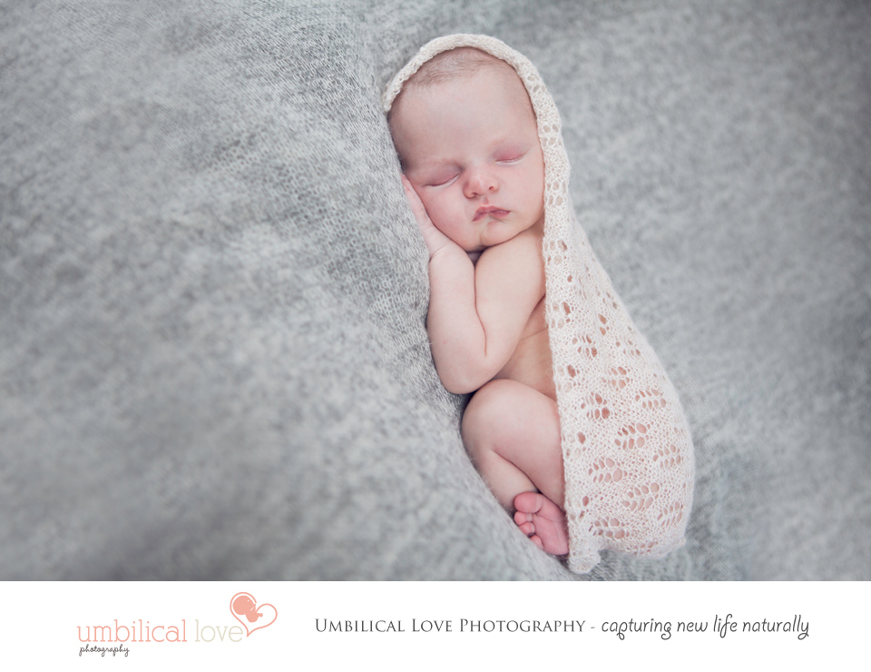 baby lying on her hands all wrapped up at her newborn photoshoot