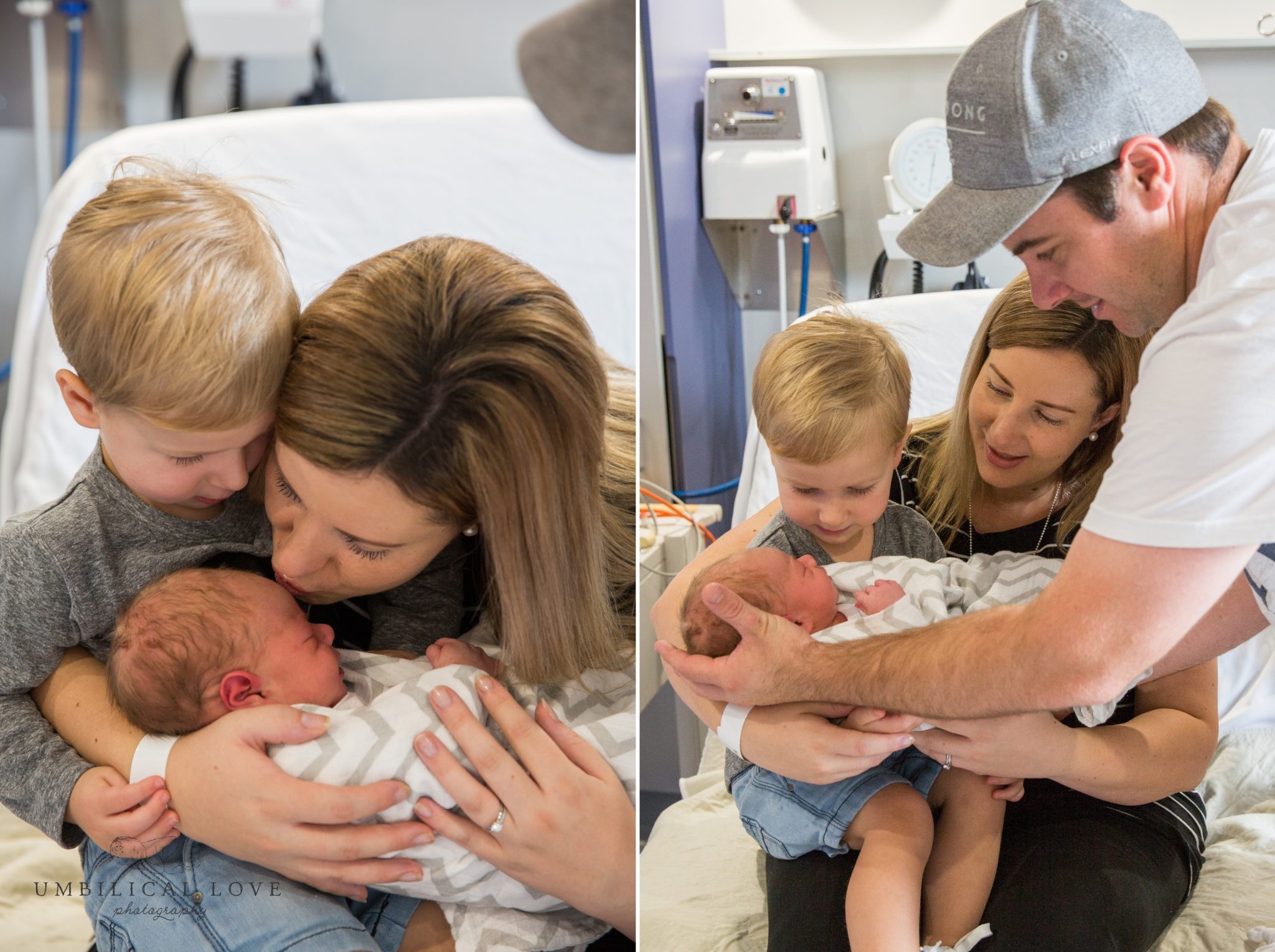 family hugs and kisses day old newborn baby