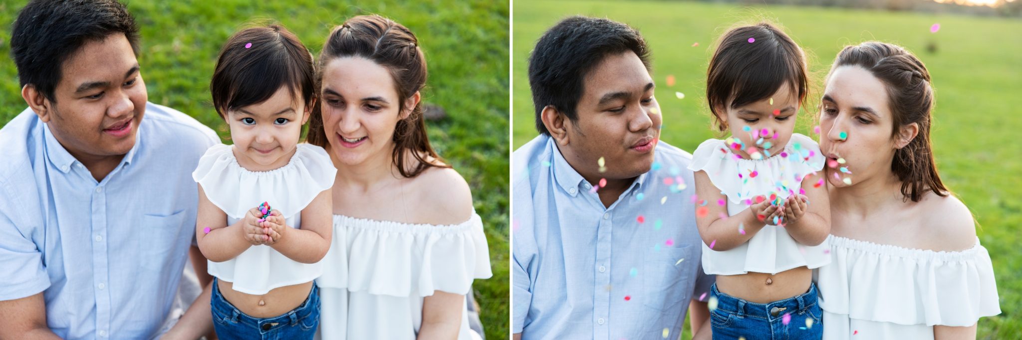 Family blows confetti together