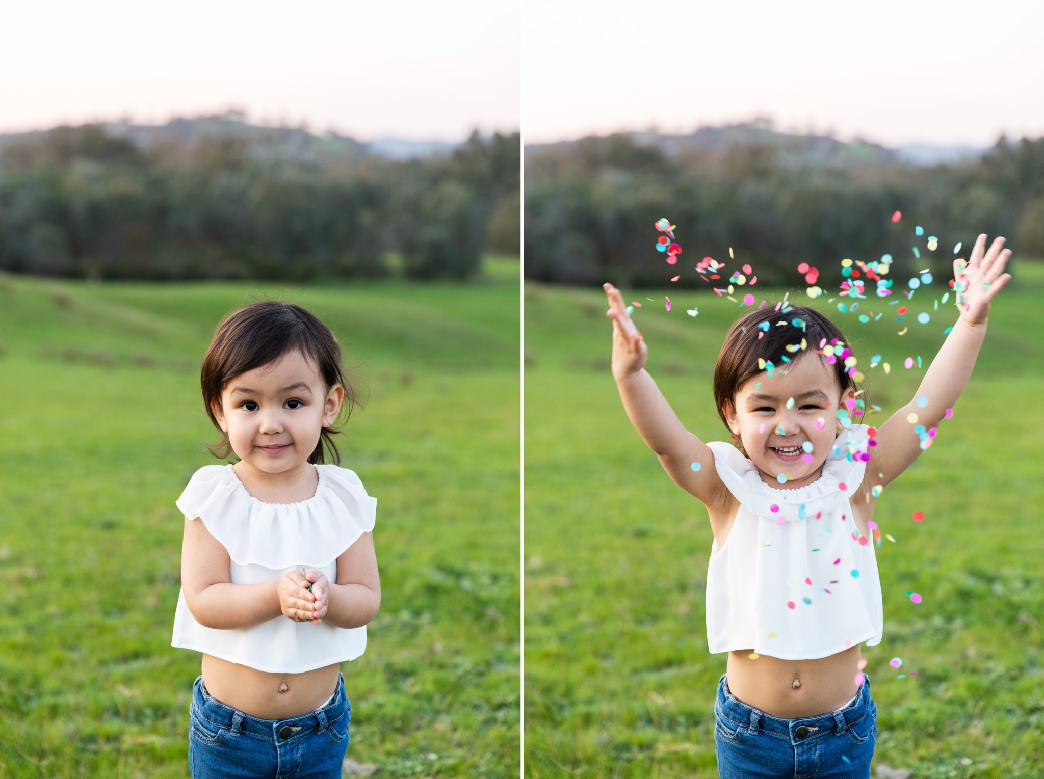 Little girl throws confetti in the air
